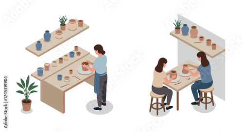 Isometric pottery workshop scene with artists crafting clay vases and pots