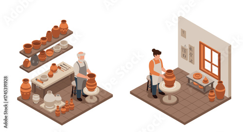Isometric pottery workshop with artisans creating clay vases in studio