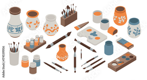 Isometric art supplies and painted vases with brushes and paints