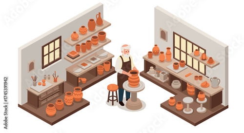 Isometric pottery workshop with craftsman in rustic studio setting