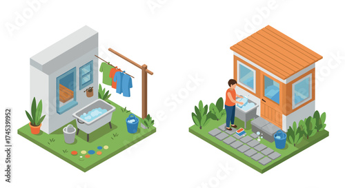 Isometric outdoor laundry scenes with wash basin and hanging clothes