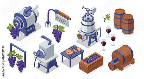 Isometric winery equipment and grapes set with wine and barrels