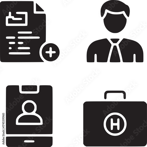 Illustration of a document with a plus sign, a person, a phone with a person, and a briefcase