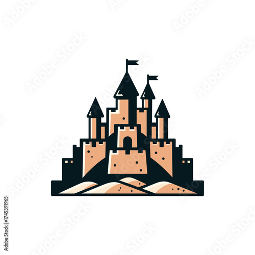 A whimsical sandcastle with flags on sandy terrain, showcasing a playful beach scene