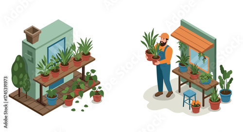 Urban gardening isometric style with plants on balcony and gardener holding pot