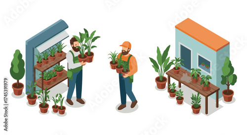 Isometric plant nursery scene with greenhouse and gardeners in action
