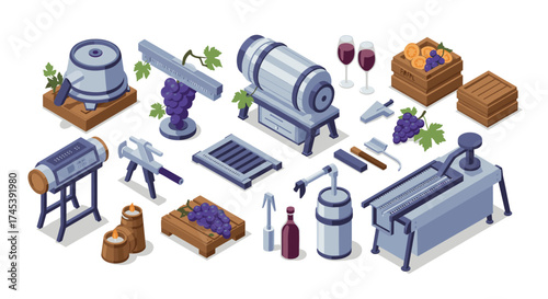 Isometric winery equipment set with grapes and wine accessories in modern style