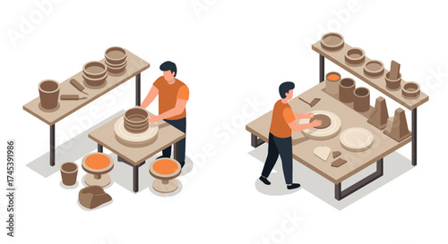 Isometric pottery crafting scene with artists shaping clay on wheels