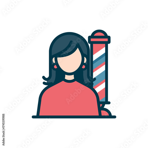 A woman standing in front of a barber pole, showcasing a modern hairstyle in a vibrant salon