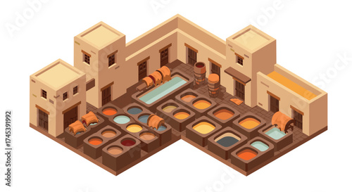 Traditional leather tannery isometric design featuring dyeing pits and rustic architecture