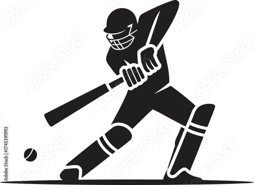 Silhouette of a cricket batsman hitting a ball with a bat