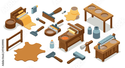 Isometric leathercraft tools and equipment scene with detailed 3d design