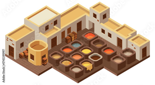 Isometric traditional tannery with colorful dye vats in geometric architecture style