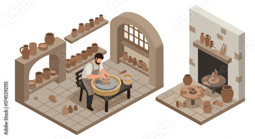 Isometric pottery workshop with craftsman creating ceramics in rustic studio