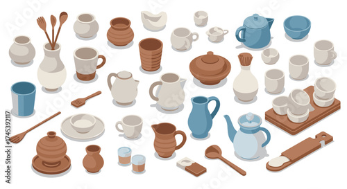 Isometric ceramic kitchenware collection teapots, vases, pitchers, bowls, and utensils in earthy and blue tones