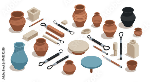 Ceramic pottery tools and vases in isometric style on white background