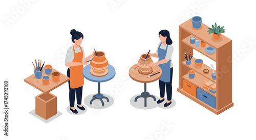Isometric pottery workshop with artists crafting ceramic vases and tools
