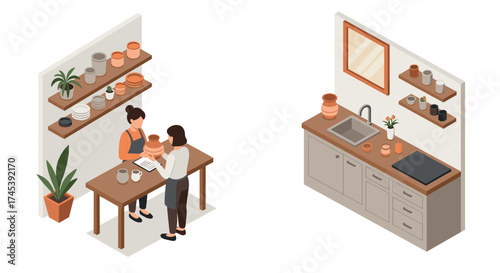 Isometric kitchen interior and pottery workshop scene with people and decor