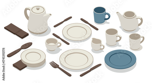 Isometric kitchenware arrangement elegant table setting with crockery and cutlery