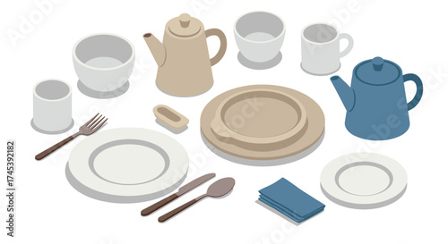 Elegant isometric dinnerware set with teapots and utensils on table