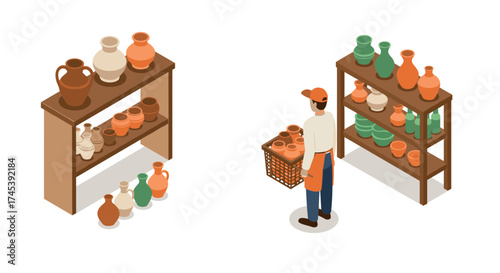 Isometric pottery store scene with customer and shelves of colorful ceramic vases