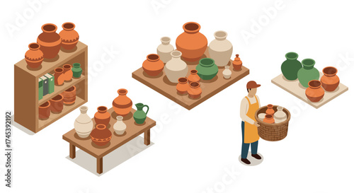Isometric pottery workshop scene with ceramic vessels and craftsman