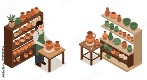 Isometric pottery workshop with craftsman and ceramic shelves