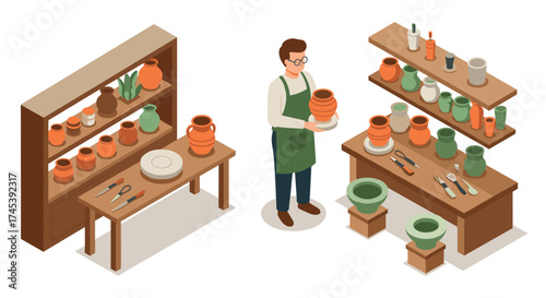 Isometric pottery workshop with artisan and clay vessels in craft studio scene
