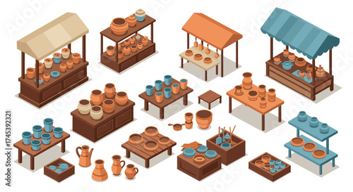 Isometric pottery market stalls with ceramic jars and vases in rustic style