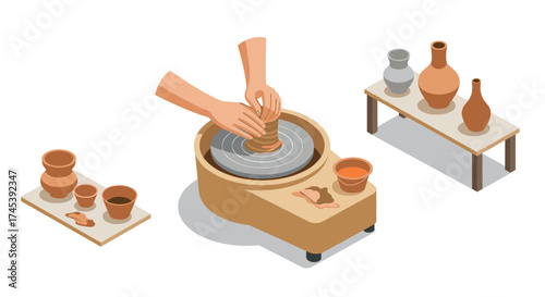 Isometric pottery crafting scene with handmade ceramics and potter’s wheel
