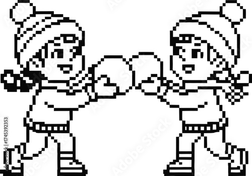 Two happy children in winter hats playing with snowballs