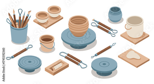 Pottery tools and equipment in isometric style for creative ceramic artists