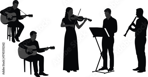 Silhouettes of musicians playing guitar, violin, clarinet, reading sheet music, live performance, music ensemble, concert group, instrumental performance, harmony