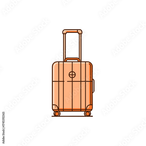 An orange suitcase with wheels and a retractable handle, set against a minimalistic white background, ideal for travel themes