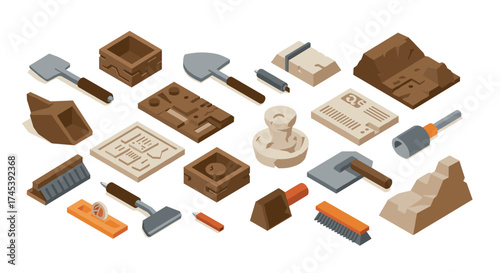 Archeological tools and artifacts isometric view of excavation essentials