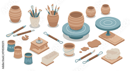 Isometric pottery studio tools, vases, and clay in modern design