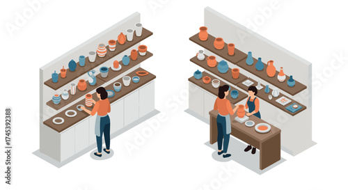 Isometric pottery workshop scene with artists shaping clay and displaying creations