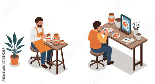 Isometric ceramic craft artisans painting clay pots in a studio setting
