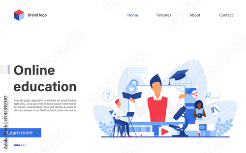 Digital learning platform with students studying online, using laptops and tablets, surrounded by educational icons and technology for remote education and e-learning vector illustration