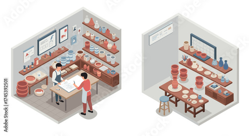 Modern pottery studio with designers in a cozy isometric workspace