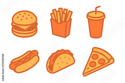 Set of six stylized fast food icons: hamburger, french fries, soda, hot dog, taco, and pizza