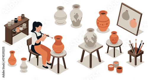 Isometric pottery workshop with artisan and ceramic vases