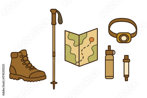 Essential outdoor equipment set hiking boot trekking pole map headlamp water bottle