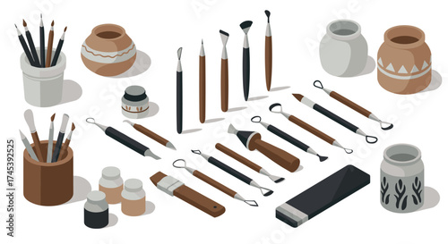 Isometric art tools set brushes, paints, and pottery for creative projects