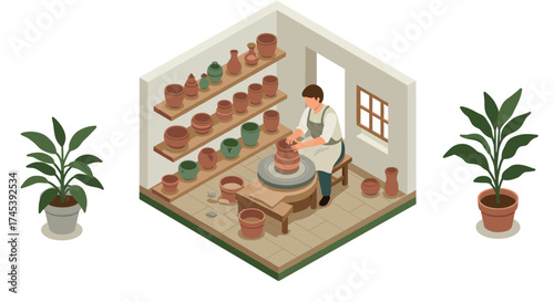 Isometric pottery studio scene with potter shaping clay amidst indoor plants