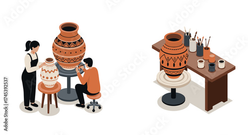 Isometric pottery workshop scene with artists crafting decorative vases