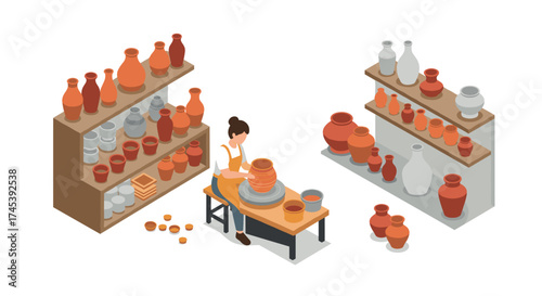 Isometric pottery workshop with shelves of clay pots