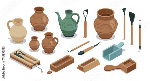 Pottery and ceramics tools collection with isometric earthenware jugs, molds, and scoops