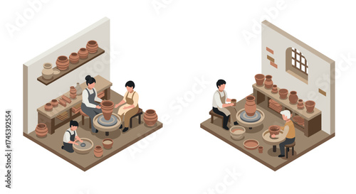 Pottery studio isometric art with people creating ceramic vessels and various tools