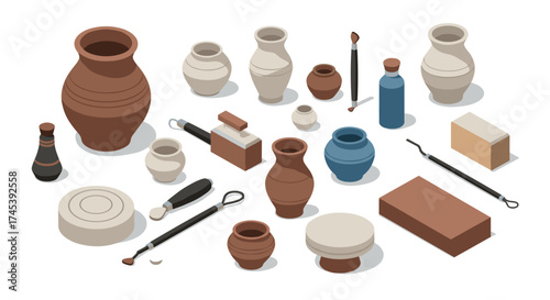Isometric pottery tools and clay vases on white background